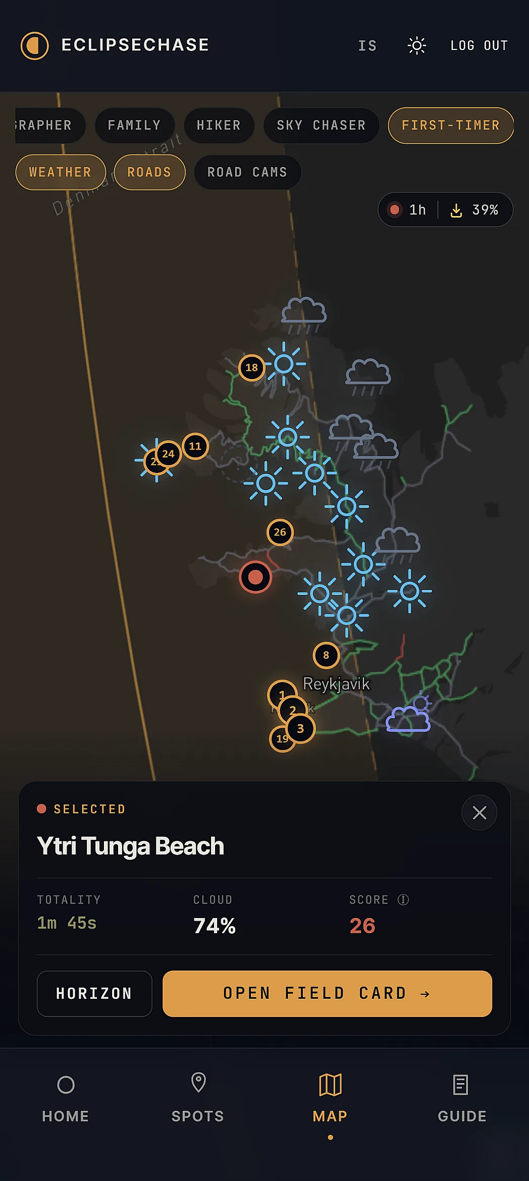EclipseChase map showing numbered clearness scores on viewing spots across Iceland, with Ytri Tunga Beach selected showing totality 1m 45s, cloud cover 74%, and a score of 26.