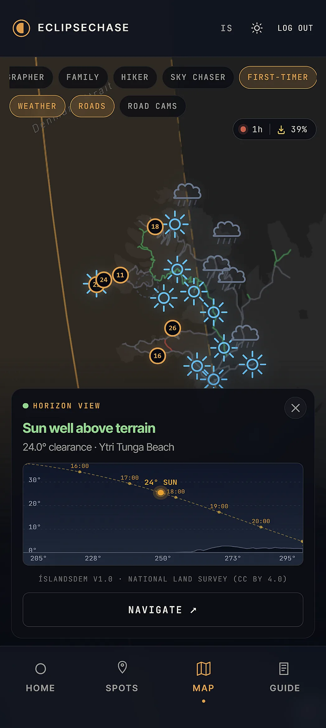 EclipseChase map with weather icons overlaid on viewing spots, showing a horizon profile chart for Ytri Tunga Beach with 24 degree sun clearance above terrain.
